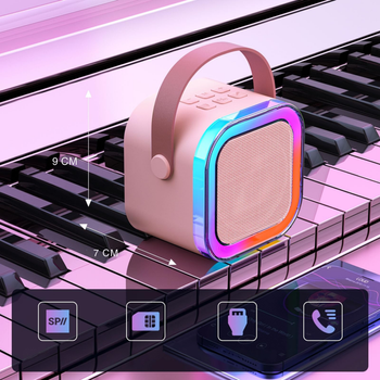 Przenośny zestaw karaoke Bluetooth z 2 mikrofonami i LED RGB – Magic Voice, różowy