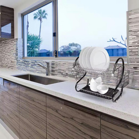 Dwupoziomowa suszarka do naczyń chromowana z ociekaczem i wieszakiem na szklanki