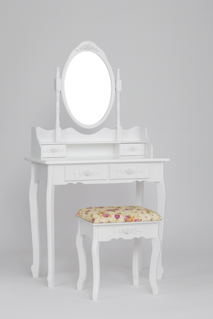 Toaletka drewniana biała z obrotowym lustrem i taboretem CALM