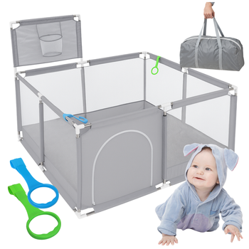 Kojec dla dziecka 130x130 cm – bezpieczny suchy basen, kojec z siatką, wejście na zamek, uchwyty do nauki chodzenia, szary + torba