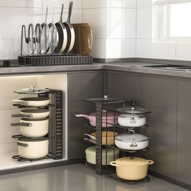 Organizer na patelnie i pokrywki 4-poziomowy – 8 miejsc, metalowy