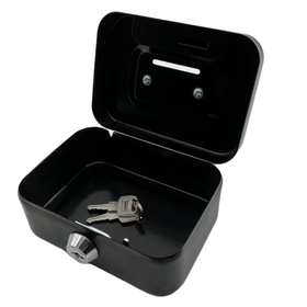 Metalowa kasetka na pieniądze z zamkiem i funkcją skarbonki – czarna mini sejf 8,5×11,5×5,5 cm