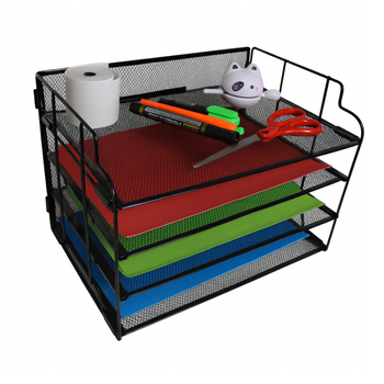 Metalowy organizer biurkowy A4 – czarny stojak na dokumenty z 4 półkami i tacką