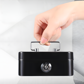 Metalowa kasetka na pieniądze z zamkiem i funkcją skarbonki – czarna mini sejf 8,5×11,5×5,5 cm