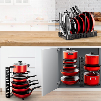 Organizer na patelnie i pokrywki 4-poziomowy – 8 miejsc, metalowy