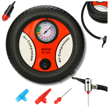 Kompresor Samochodowy 12V w Kształcie Koła, Zestaw Końcówek, Manometr, 260 PSI
