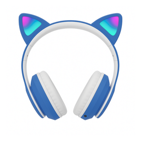 Bezprzewodowe słuchawki dla dzieci z kocimi uszami LED, bluetooth 5.0, FM, MP3 – Idealne na prezent niebieskie