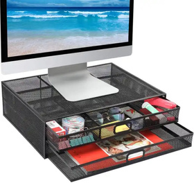 Metalowa podstawka pod monitor lub laptop z szufladami – czarna, wentylowana