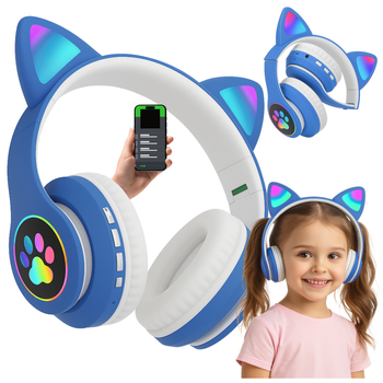 Bezprzewodowe słuchawki dla dzieci z kocimi uszami LED, bluetooth 5.0, FM, MP3 – Idealne na prezent niebieskie