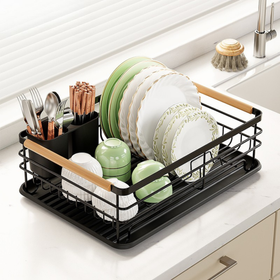 Ociekacz do naczyń z tacką i drewnianymi uchwytami – metalowy czarny