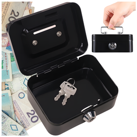 Metalowa kasetka na pieniądze z zamkiem i funkcją skarbonki – czarna mini sejf 8,5×11,5×5,5 cm