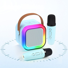Przenośny zestaw karaoke Bluetooth z 2 mikrofonami i LED RGB – Magic Voice, niebieski