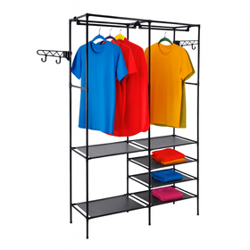 Czarny wieszak metalowy z półkami – stojak na ubrania 108×174 cm
