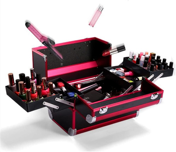 Kuferek kosmetyczny czarno-różowy – mała walizka na kosmetyki, lakiery i makeup