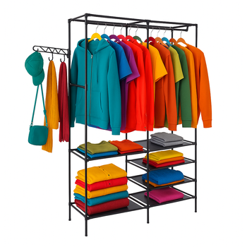 Czarny wieszak metalowy z półkami – stojak na ubrania 108×174 cm