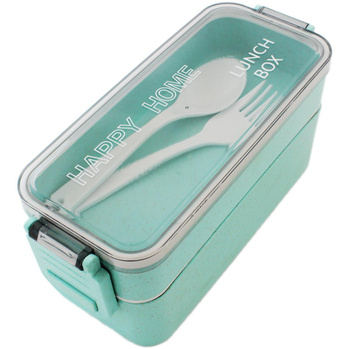 Lunch Box 750 ml – Pojemnik Obiadowy z Uchwytami, Dwukomorowy, Zatrzaski, Mikrofalówka, Zestaw z Sztućcami AG479L