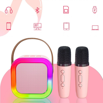 Przenośny zestaw karaoke Bluetooth z 2 mikrofonami i LED RGB – Magic Voice, różowy