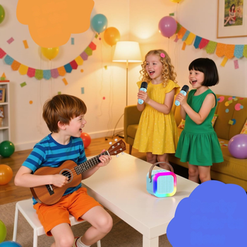 Przenośny zestaw karaoke Bluetooth z 2 mikrofonami i LED RGB – Magic Voice, niebieski