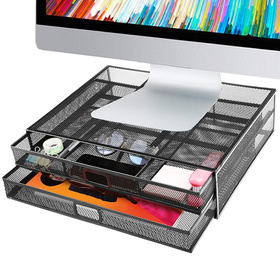 Metalowa podstawka pod monitor lub laptop z szufladami – czarna, wentylowana