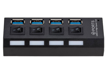 4-portowy HUB USB 3.0 z włącznikami, szybka transmisja 5Gb/s, Hot Plug&Play, kompatybilność 