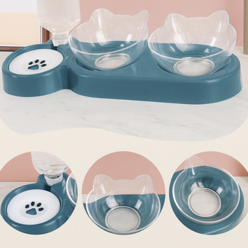 Miska podwójna 3w1 dla psa i kota z dozownikiem wody 500 ml – niebieska