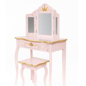 Toaletka drewniana Pink Dream dla dziewczynki z potrójnym lustrem i taboretem – różowa