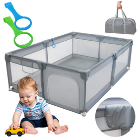 Kojec dla dziecka 200x140 cm XL – duży plac zabaw z siatką, wejście na zamek, uchwyty do nauki chodzenia, szary + torba transportowa