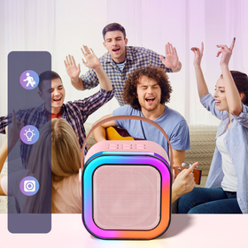 Przenośny zestaw karaoke Bluetooth z 2 mikrofonami i LED RGB – Magic Voice, różowy