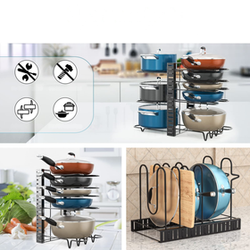 5-poziomowy organizer na patelnie, garnki i pokrywki – regulowany, pionowy i poziomy czarny