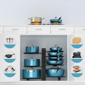 5-poziomowy organizer na patelnie, garnki i pokrywki – regulowany, pionowy i poziomy czarny