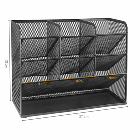 Metalowy organizer biurowy i kosmetyczny z 10 przegródkami – czarny, elegancki, 27×21×10 cm