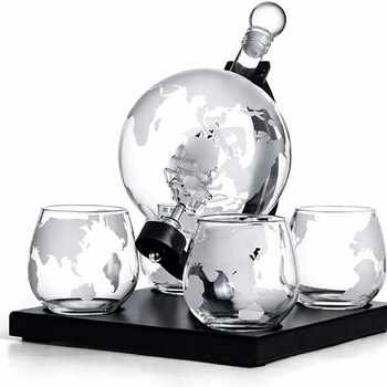 Karafka globus na whisky 1L – 4 szklanki, granitowe kostki, zestaw prezentowy XXL
