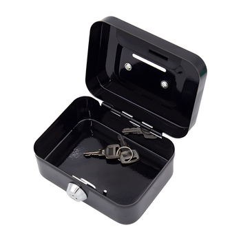 Metalowa kasetka na pieniądze z zamkiem i funkcją skarbonki – czarna mini sejf 8,5×11,5×5,5 cm