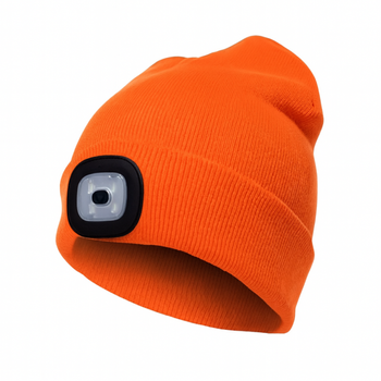 Ciepła czapka zimowa z latarką LED USB – 4 tryby, pomarańczowa