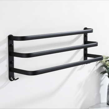 Metalowy wieszak łazienkowy loft – czarny mat, 3 ramiona i haczyki, 59 cm