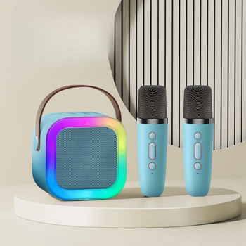 Przenośny zestaw karaoke Bluetooth z 2 mikrofonami i LED RGB – Magic Voice, niebieski