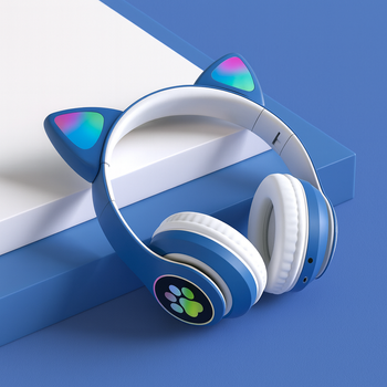Bezprzewodowe słuchawki dla dzieci z kocimi uszami LED, bluetooth 5.0, FM, MP3 – Idealne na prezent niebieskie