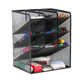 Metalowy organizer biurowy i kosmetyczny z 10 przegródkami – czarny, elegancki, 27×21×10 cm