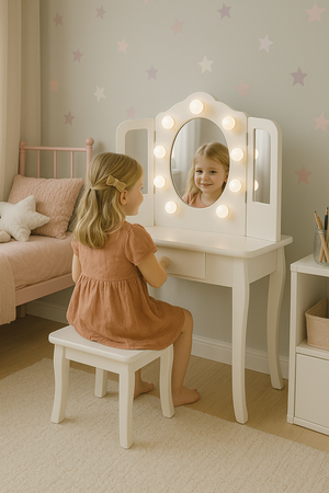 Toaletka dla dziewczynki biała z lustrem LED WhiteDream z taboretem