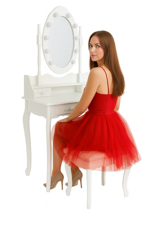 Toaletka kosmetyczna z lustrem LED obrotowym + taboret biała CALM LED