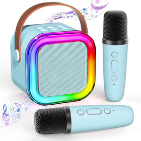 Przenośny zestaw karaoke Bluetooth z 2 mikrofonami i LED RGB – Magic Voice, niebieski