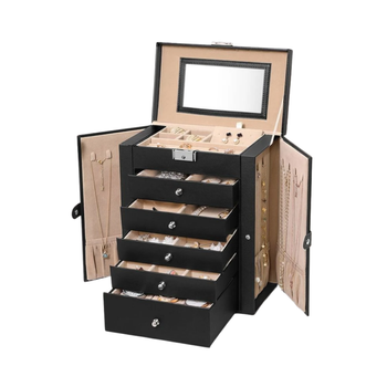 Szkatułka na biżuterię XXL czarna – organizer 6 poziomów, szuflady, panele