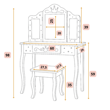 Toaletka drewniana Pink Dream dla dziewczynki z potrójnym lustrem i taboretem – różowa