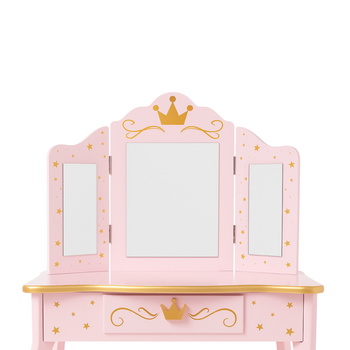 Toaletka drewniana Pink Dream dla dziewczynki z potrójnym lustrem i taboretem – różowa