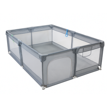 Kojec dla dziecka 200x140 cm XL – duży plac zabaw z siatką, wejście na zamek, uchwyty do nauki chodzenia, szary + torba transportowa