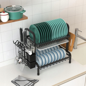 Dwupoziomowy ociekacz na naczynia z organizerami – stalowy stojak kuchenny 55 cm
