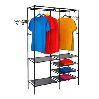 Czarny wieszak metalowy z półkami – stojak na ubrania 108×174 cm