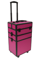 Kufer kosmetyczny aluminiowy na kółkach różowo-czarny – wysuwana rączka, 4 przegrody, 2 moduły
