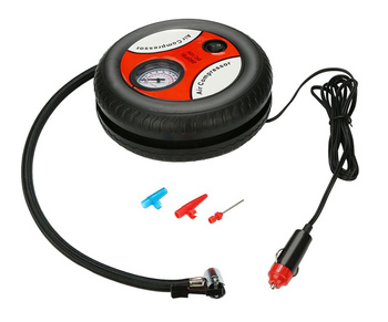 Kompresor Samochodowy 12V w Kształcie Koła, Zestaw Końcówek, Manometr, 260 PSI