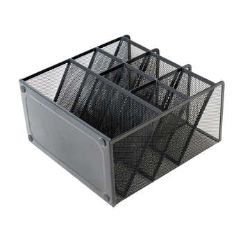 Metalowy organizer biurowy i kosmetyczny z 10 przegródkami – czarny, elegancki, 27×21×10 cm